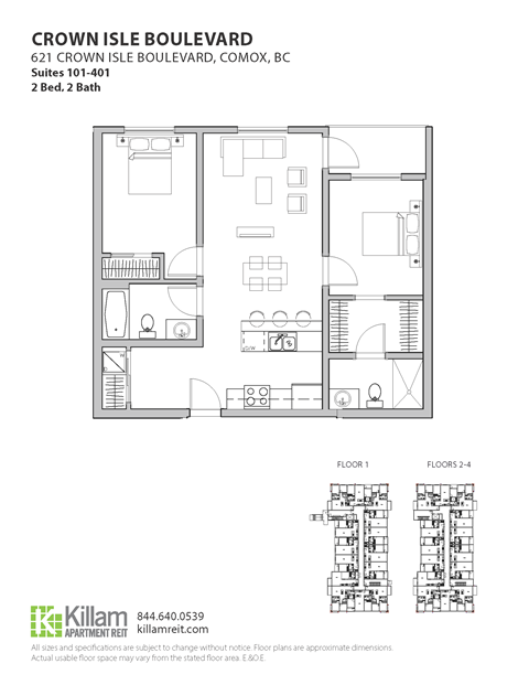 Floor plan for 2 beds, 2 baths, 840 sqft